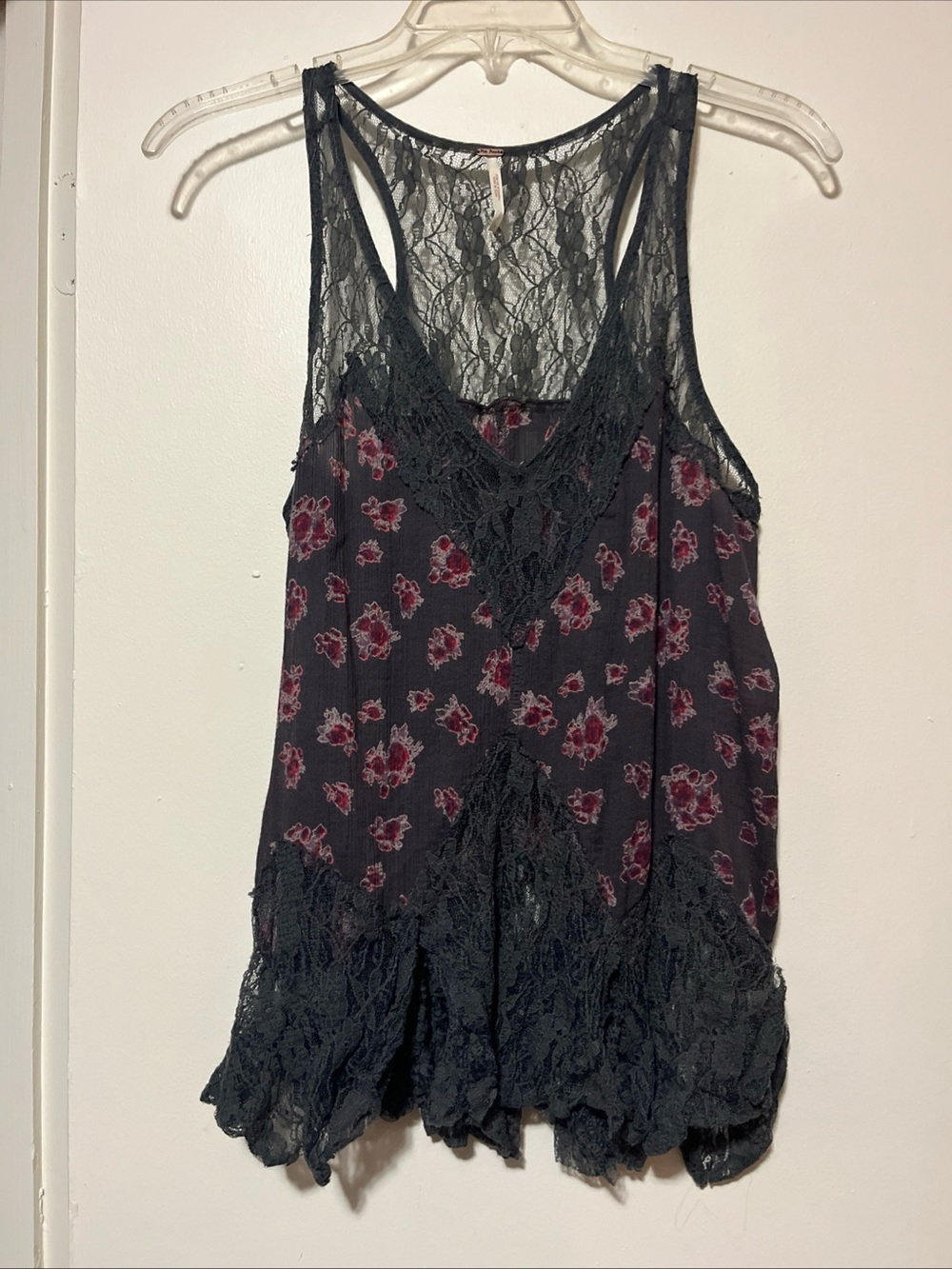 Free People Black Lace-Trim Floral Tank with Burgundy Flowers